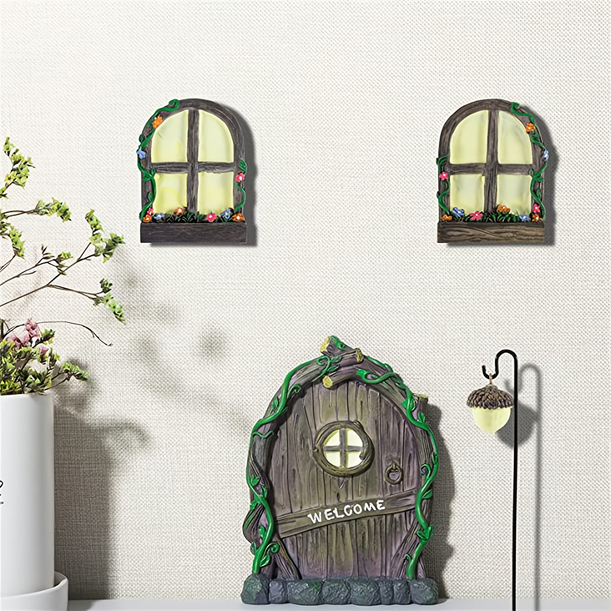 4pcs Fairy Welcome Door and Window Lamps Set Resin Fairy and Gnome House