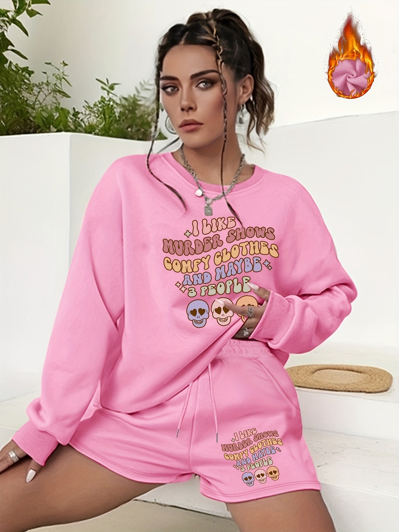 Women's Letter & Graphic Print 2pcs Set Sweatshirt & Shorts Outfit