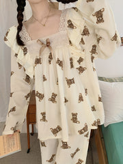 Teddy Bear Print Pajama Set Long Sleeve Square Neck Top & Lounge Pants