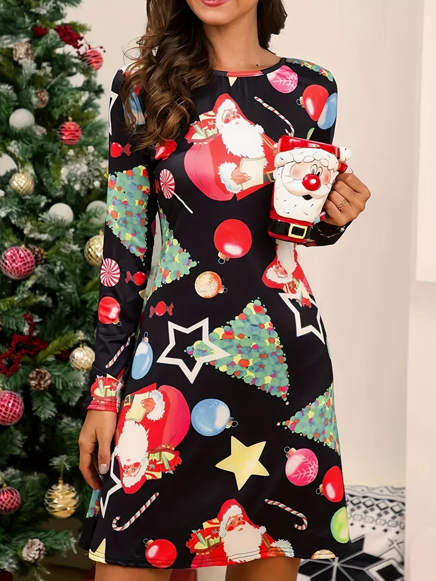 Christmas Dress Women's Plus Cartoon Deer & Snowflake Print
