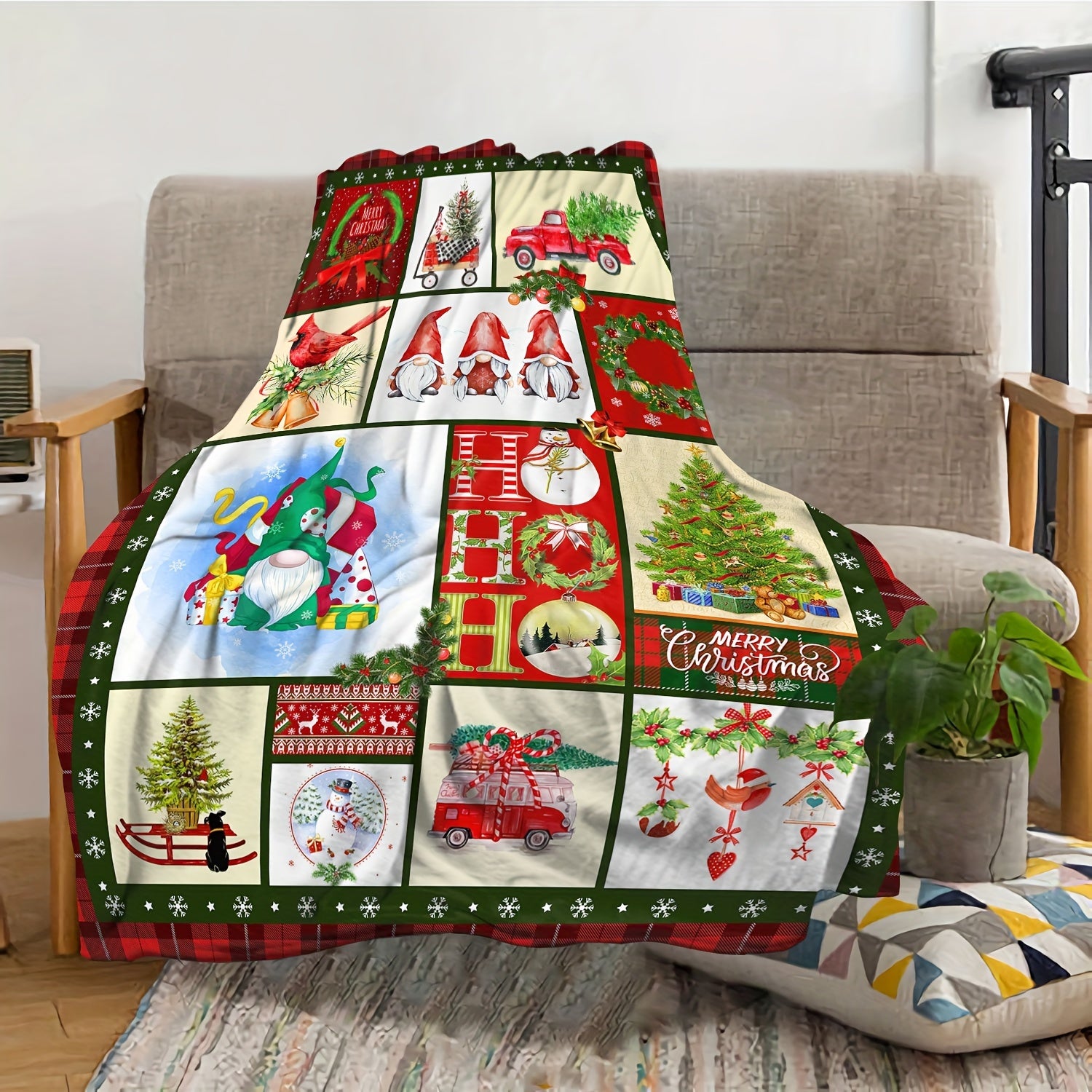 Christmas Holiday Santa Snowman Bird Flannel Blanket Soft Comfortable