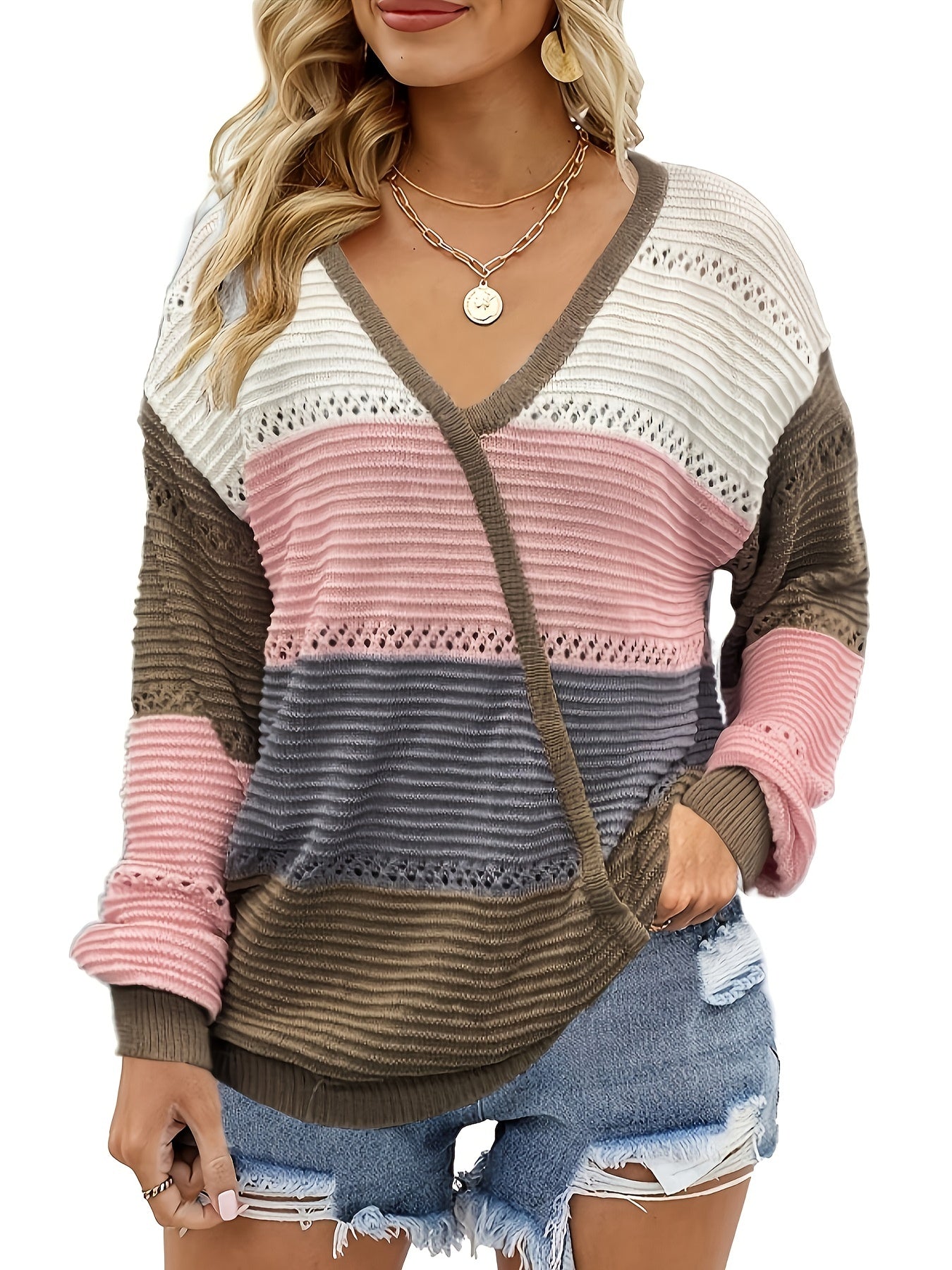 Block Eyelet Pullover V Neck Sweater Long Sleeve
