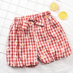 Girls Plaid Daisy Bow Elastic Waist Shorts Kids Summer Clothes