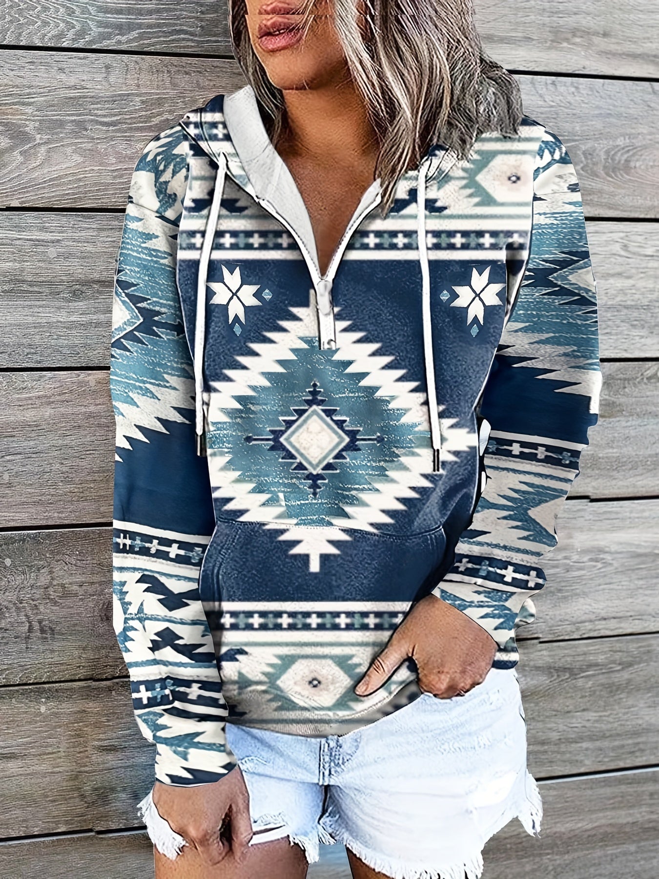 Geo Print Kangaroo Pocket Hoodie Drawstring Hoodies