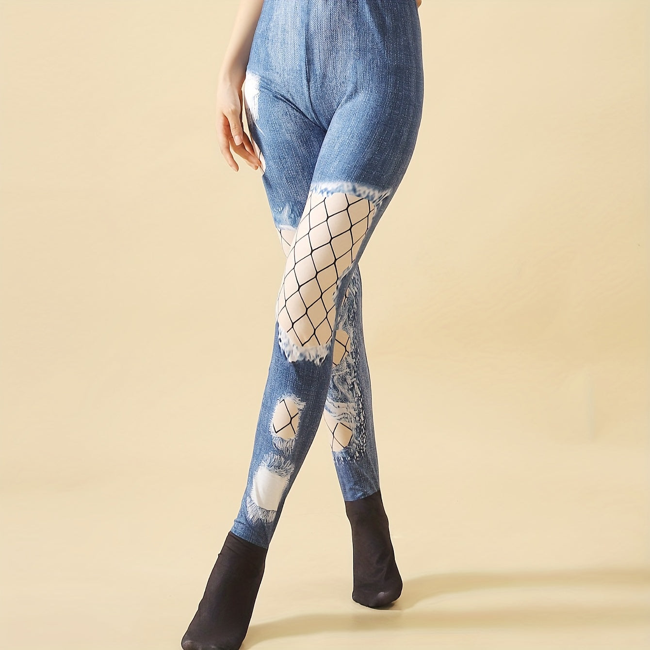 Denim Print High Waist Slim Pantyhose Women's Stockings