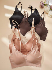 5 Seamless Wireless Bras Comfy & Breathable Scallop Trim Women's Lingerie