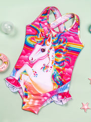 Toddler Girls Rainbow Unicorn One Piece Swimsuit Ruffle Trim