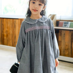Girls Fleece Houndstooth Doll Collar Princess Dress Autumn Winter