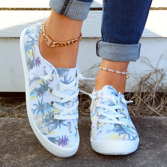 Coconut Tree Printed Canvas Lace Up Sneakers Lightweight Walking Shoes