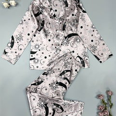 Starry Print Satin Pajama Set Long Sleeve Top & Pants