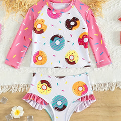 Girls' Donut Graphic Long Sleeve Swimwear Set, 2pcs