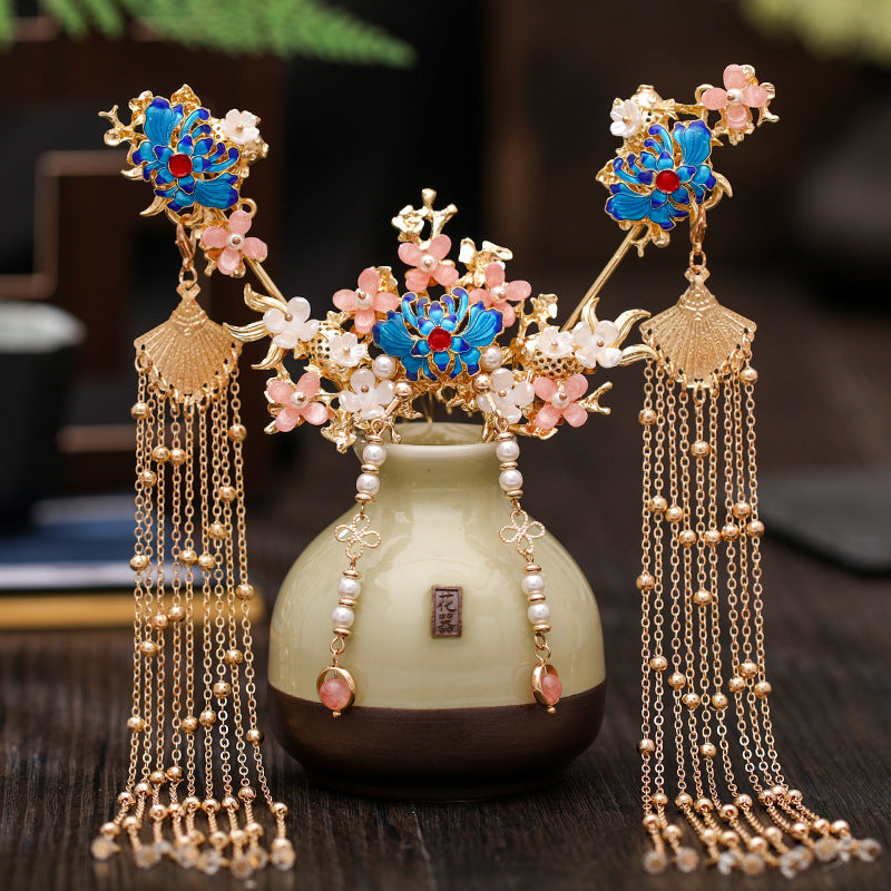Chinese Style Pearl Flower Tassels Hairpin Headband For Women Girl