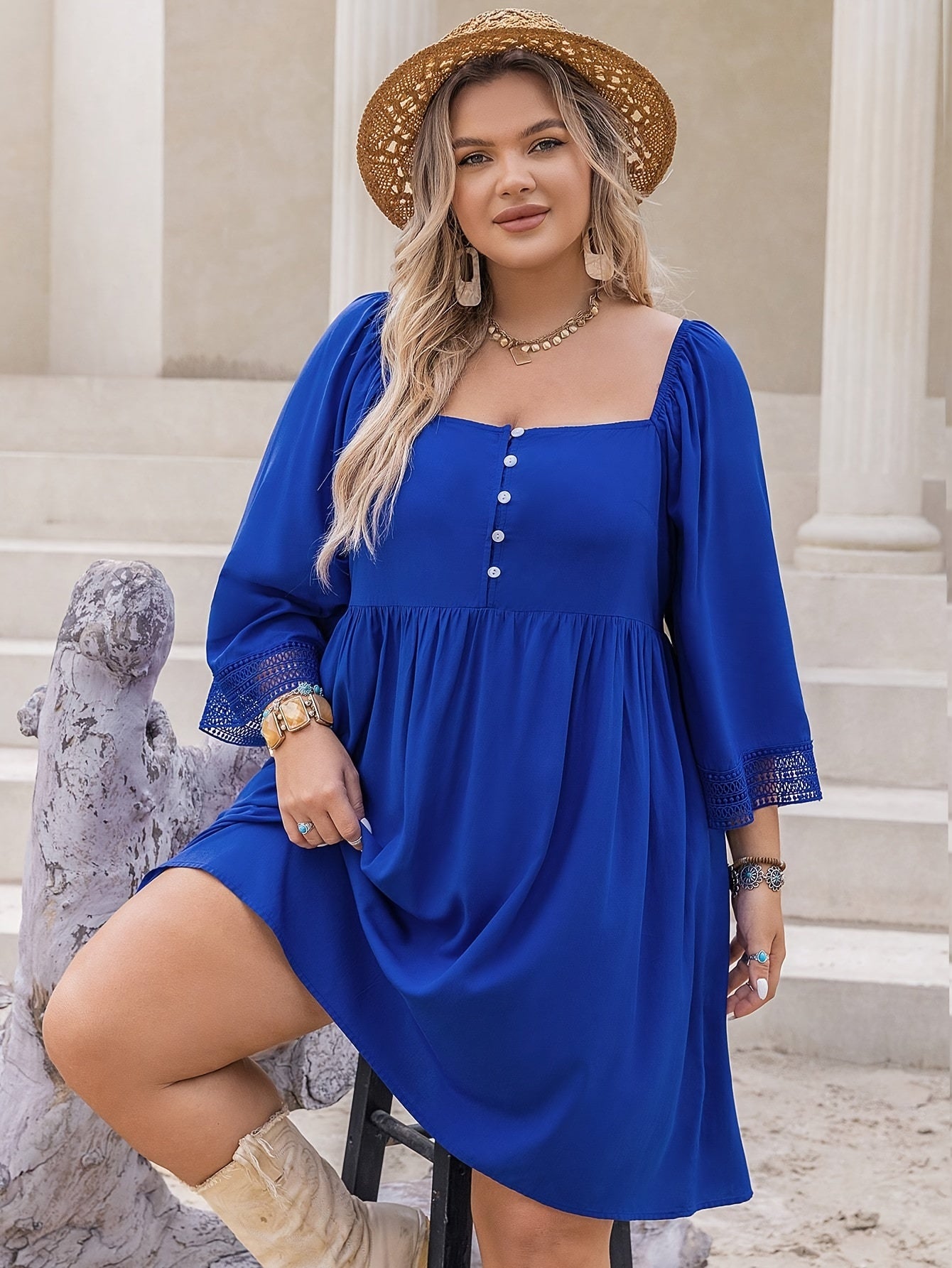 Solid Long Sleeve Square Neck Button Tie Back Dress