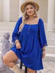 Solid Long Sleeve Square Neck Button Tie Back Dress