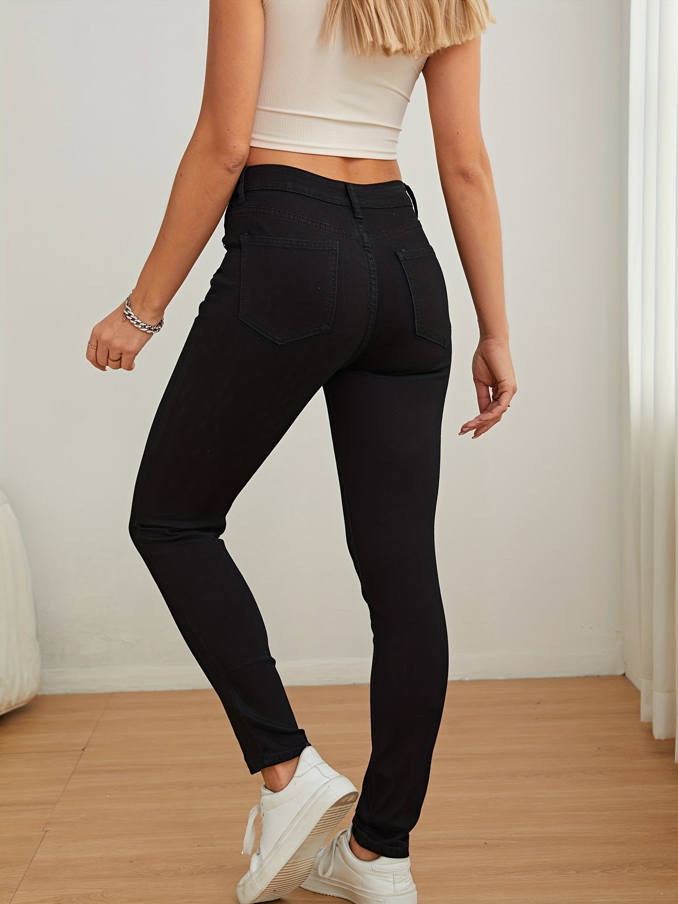 Women's Solid Skinny Jeans High Rise Slash Pocket Denim Pants
