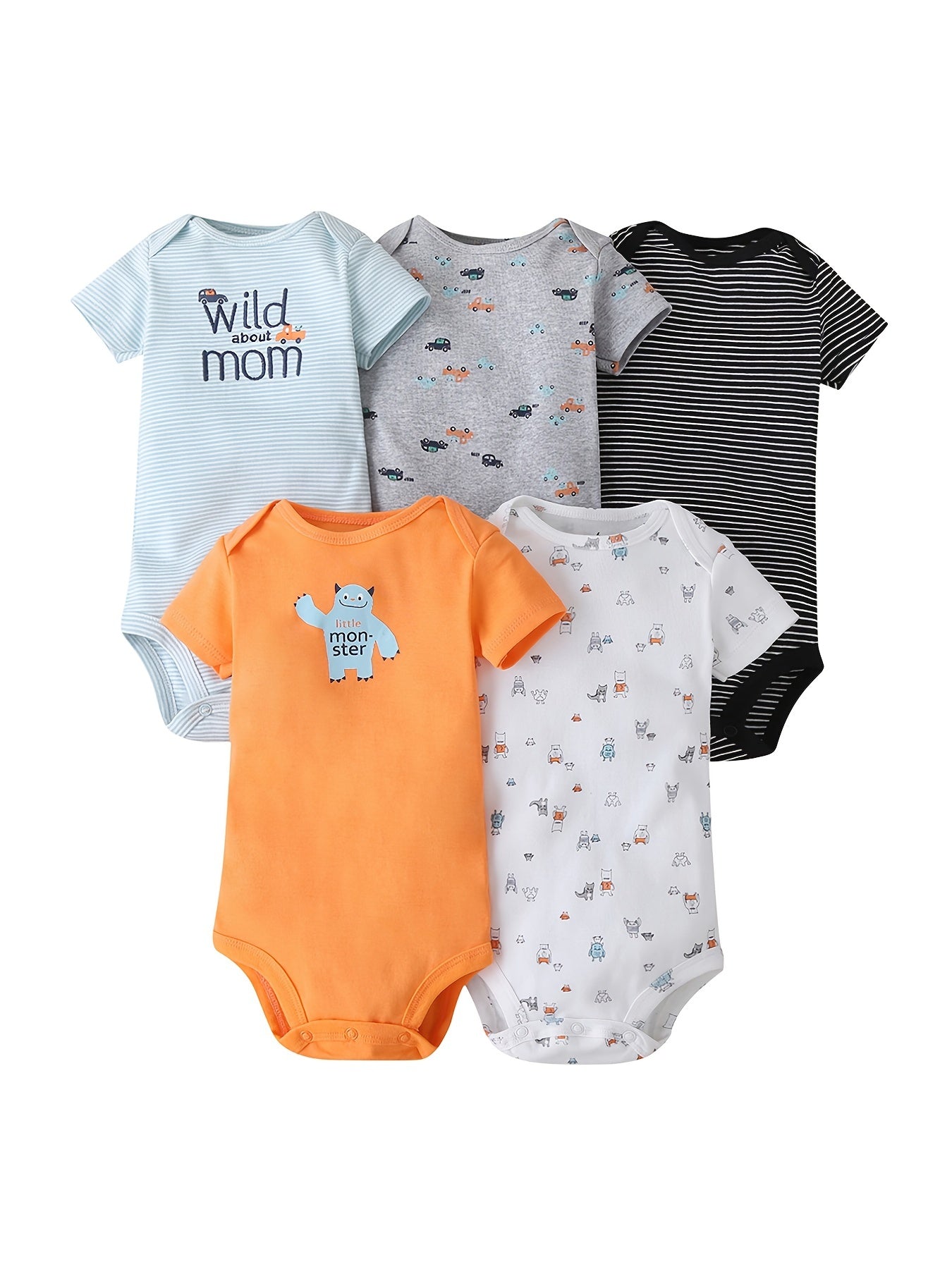 5pcs Baby Boys Casual Short Sleeve Onesie With Assorted Designs