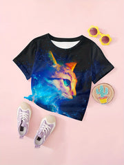 Girls' Creative Kitty Graphic Crew Neck T shirt