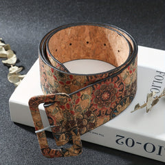 Flower Pattern Faux Leather Belt Boho Rectangular Buckle