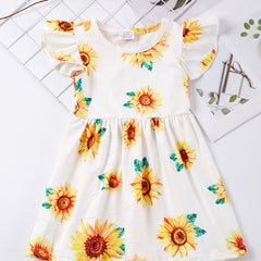 Girls Sunflower Graphic Dress Ruffled Sleeves for Party