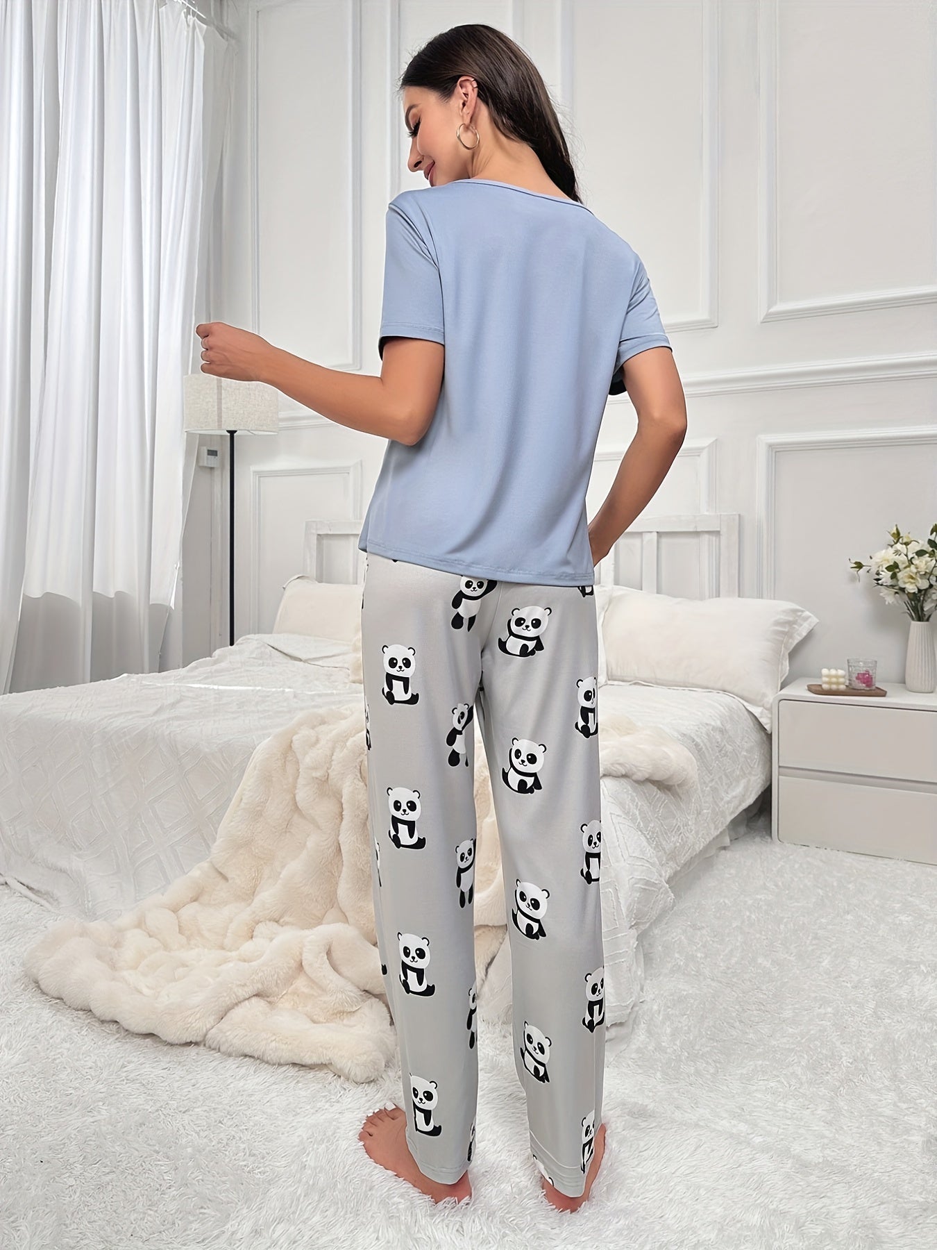 Panda Print Pajama Set Short Sleeve Top & Pants Women's Sleepwear