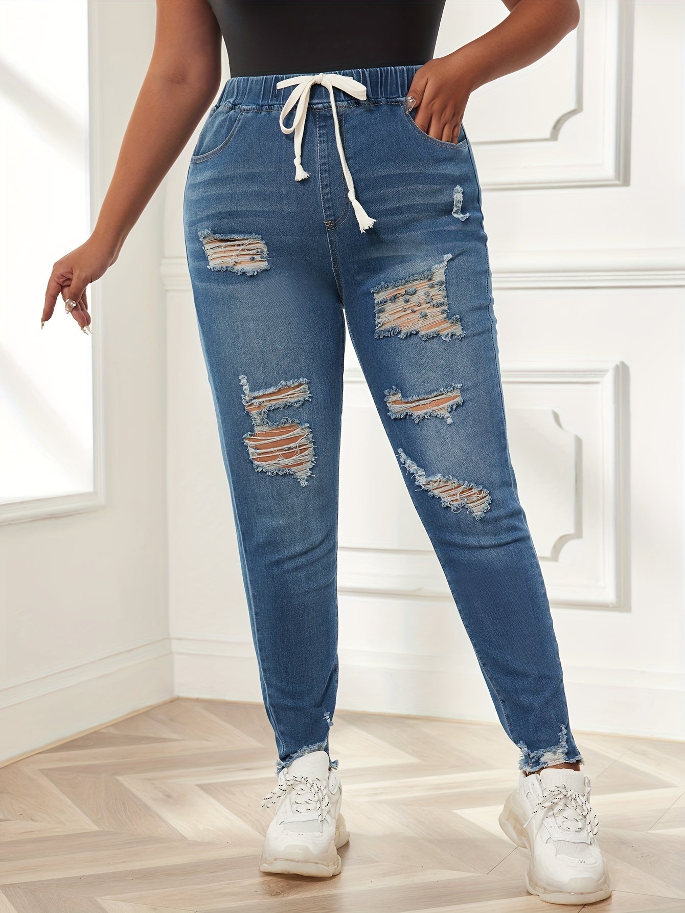 Ripped Tie Elastic Waist High Stretch Skinny Denim Pants