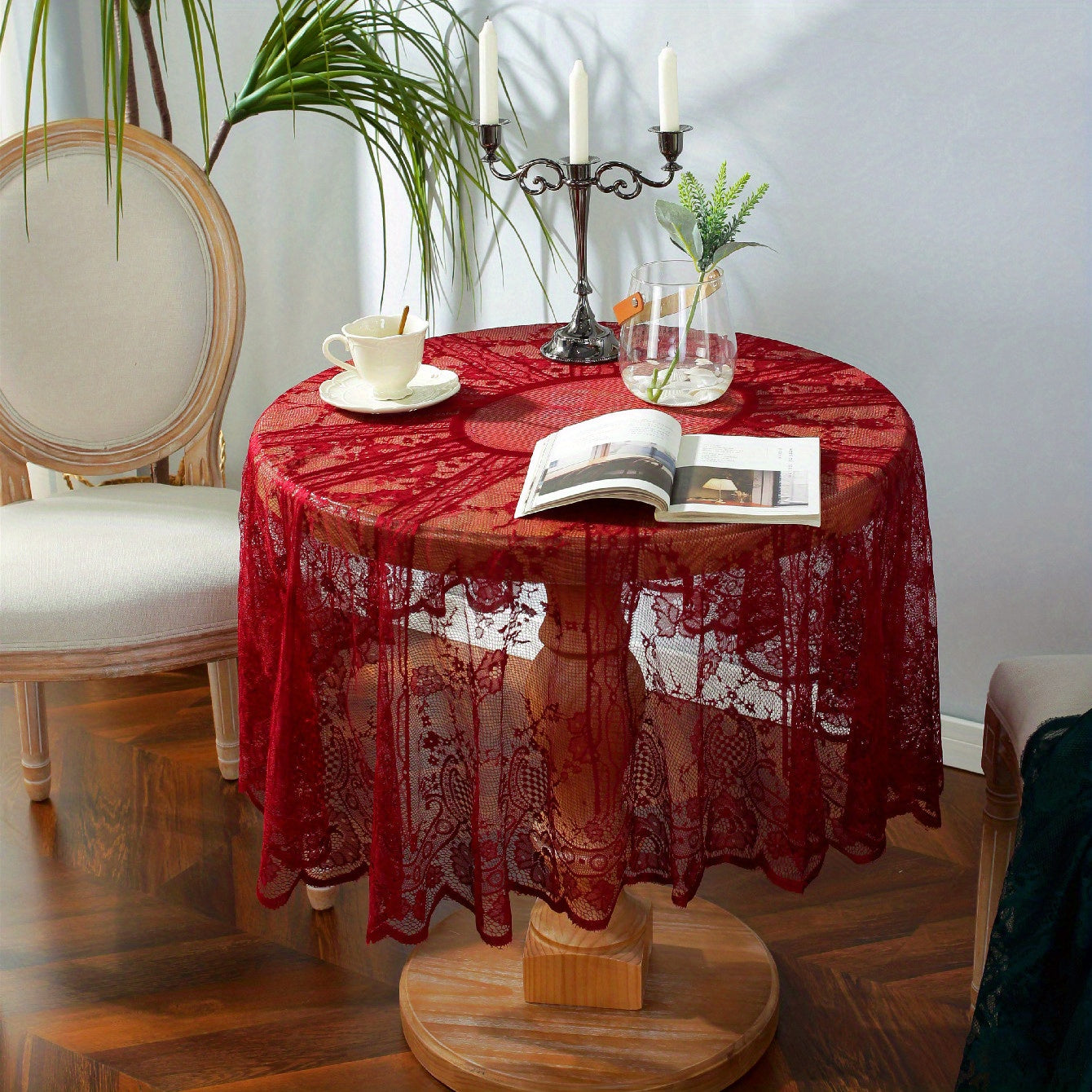 American Style Round Lace Tablecloth Red Hollowed Out Christmas Table Cloth