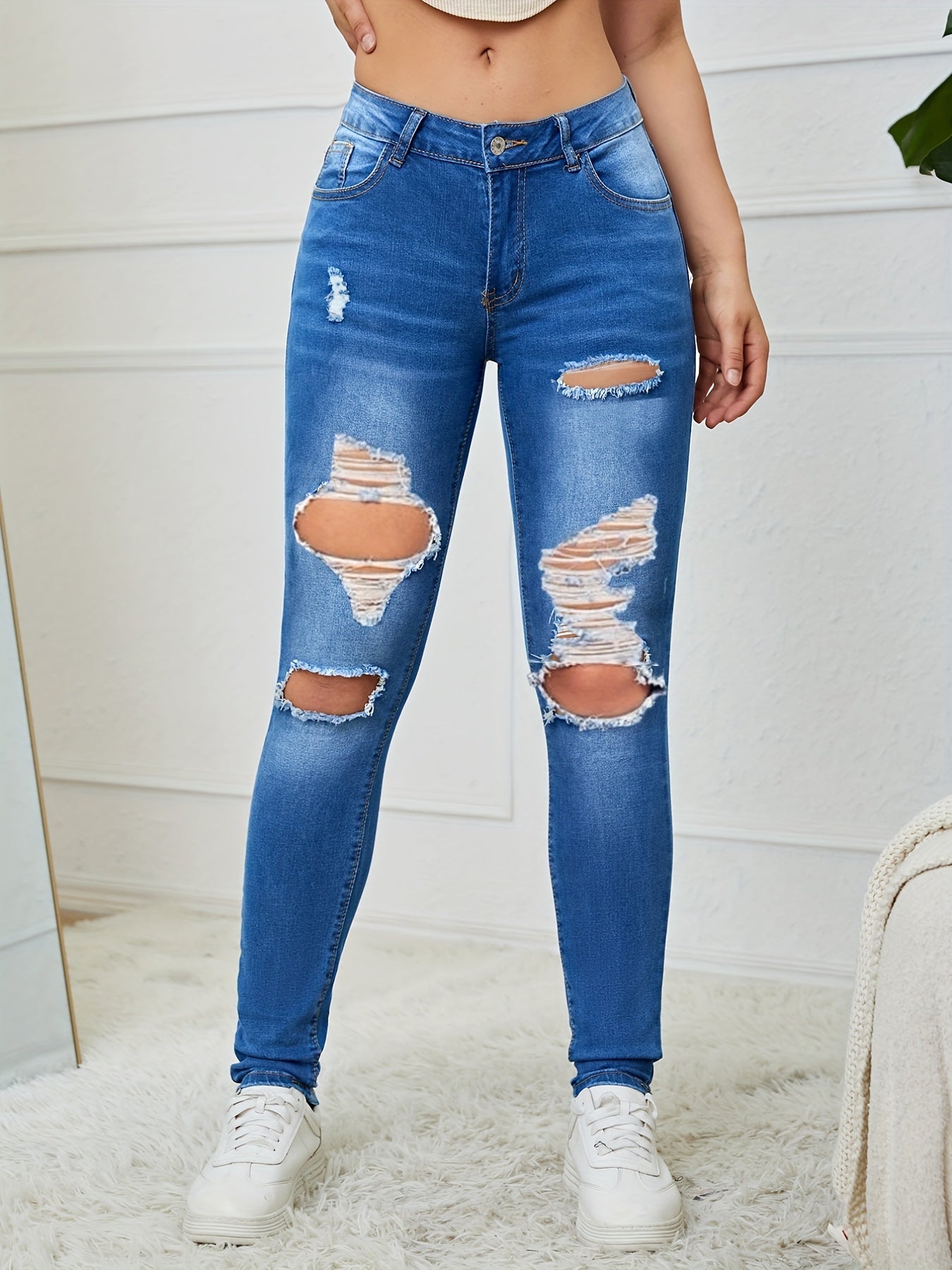 High Waist Skinny Jeans Stretch Distressed Slim Fit Denim Pants