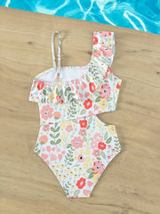Girl's Waist Cutout Onesie Swimsuit Ruffle Decor Tankini
