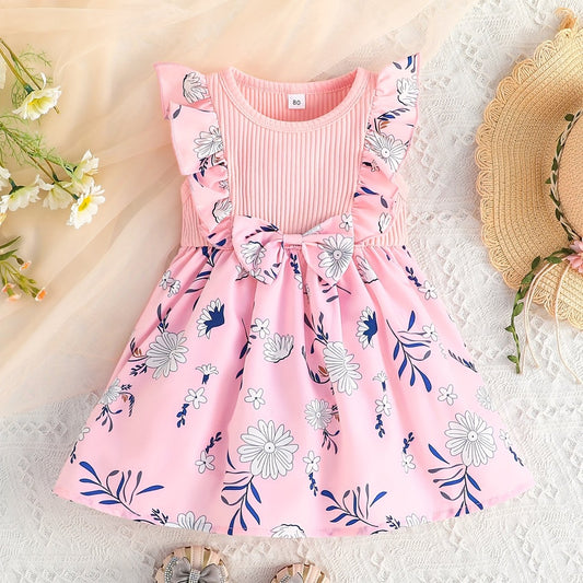 Baby Girls Floral Sleeveless Dress with Bowknot