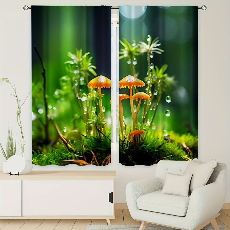 2pcs Green Mushroom Growth Curtain Window Curtain Outdoor Shelter Decor
