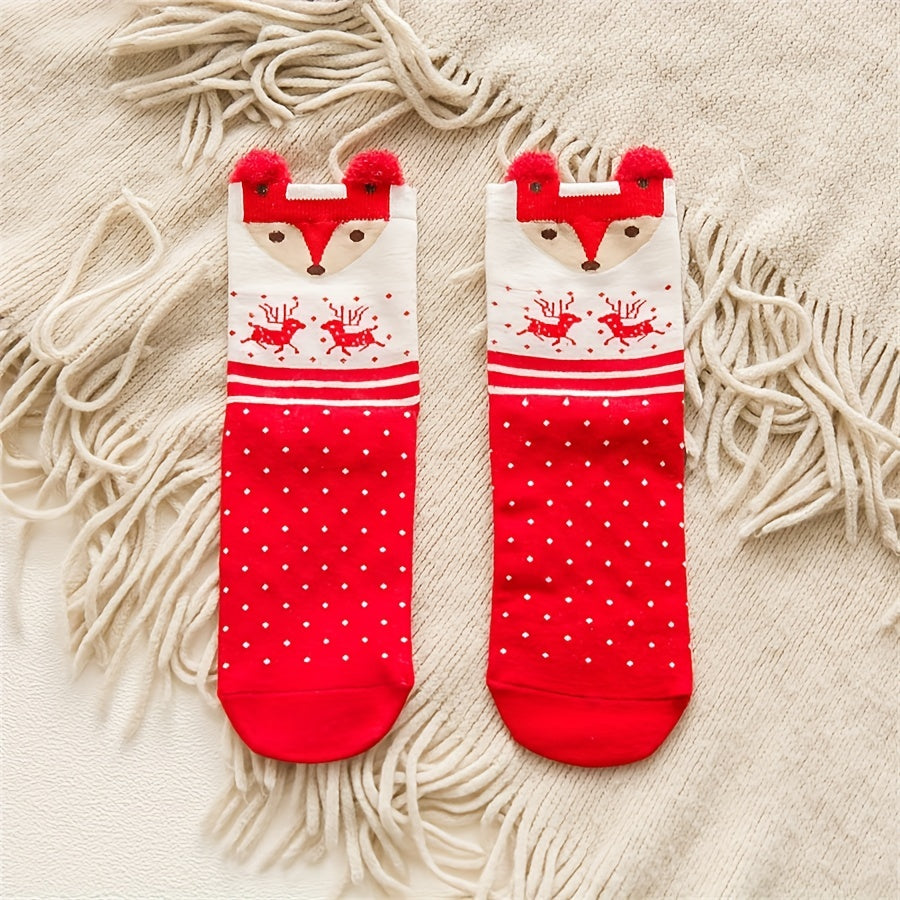 4 Pairs Christmas Cartoon Socks Women's Mid Tube Stockings