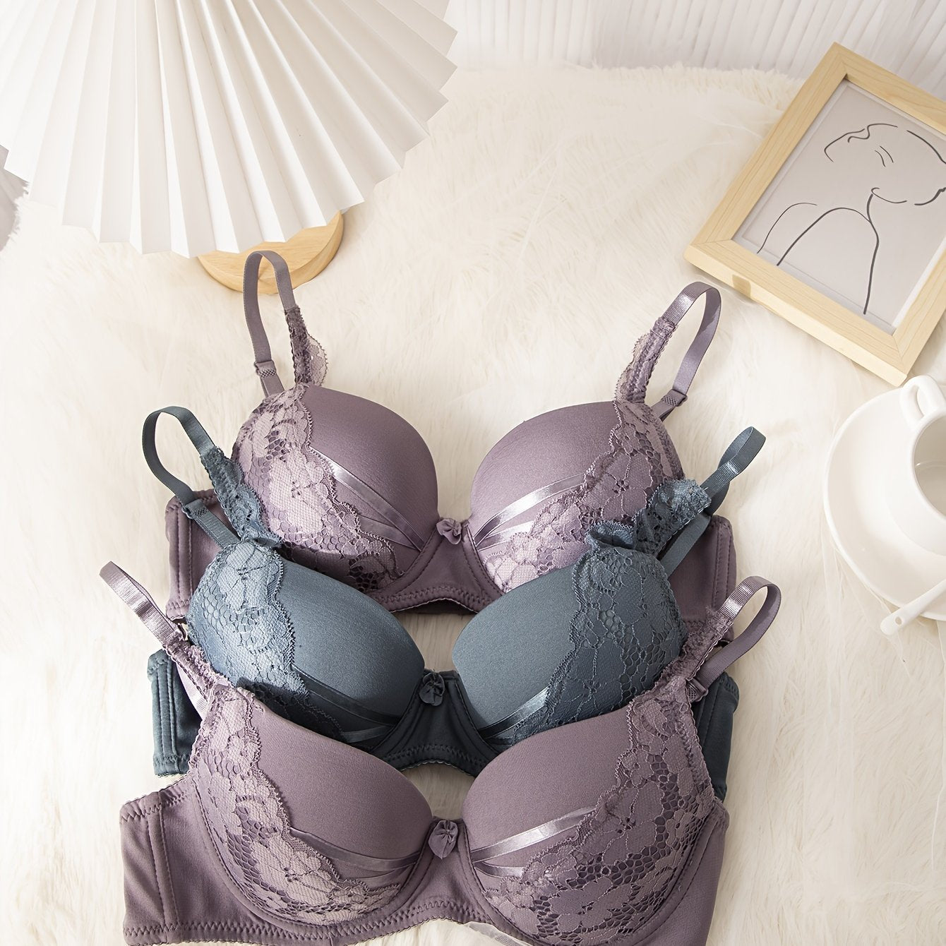 3pcs Lace Push Up Bras Comfy & Breathable Women's Lingerie