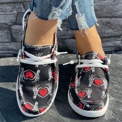 Skull & Love Heart Pattern Flat Shoes - Casual Lightweight Soft Walking Shoes