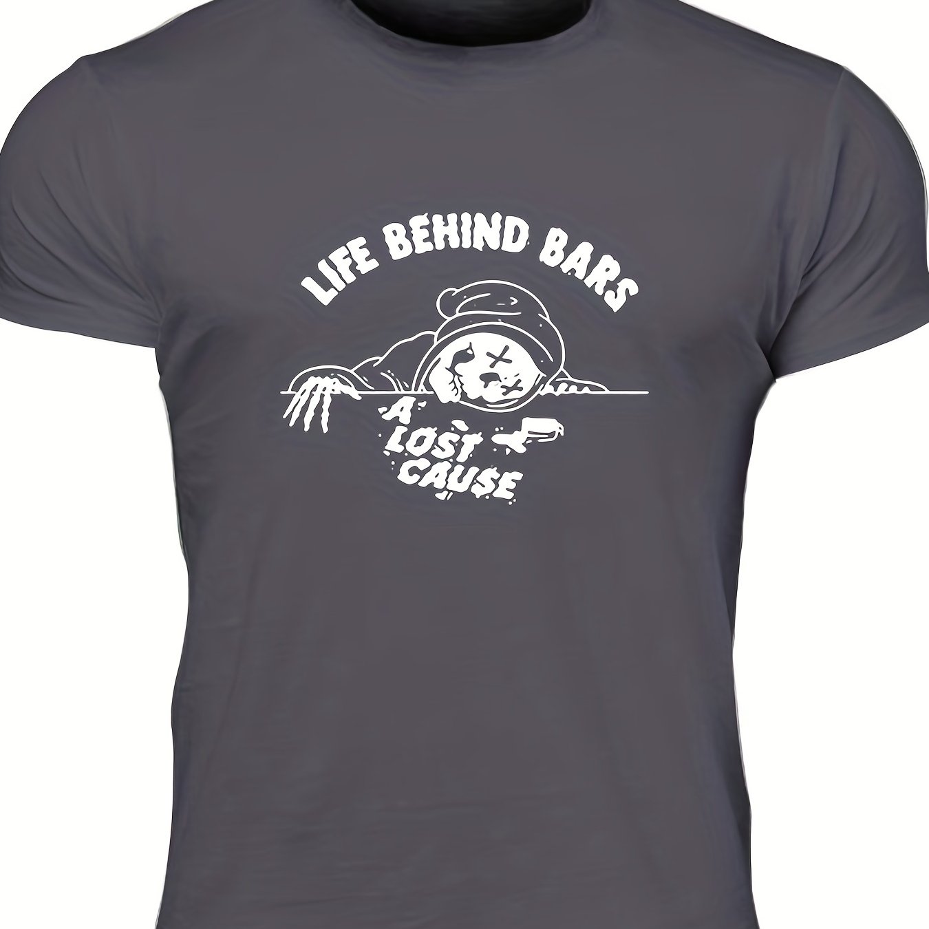Men's Life Behind Bars Letter Print T-shirt - Casual, Stretch, Breathable Tee