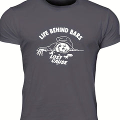 Men's Life Behind Bars Letter Print T-shirt - Casual, Stretch, Breathable Tee