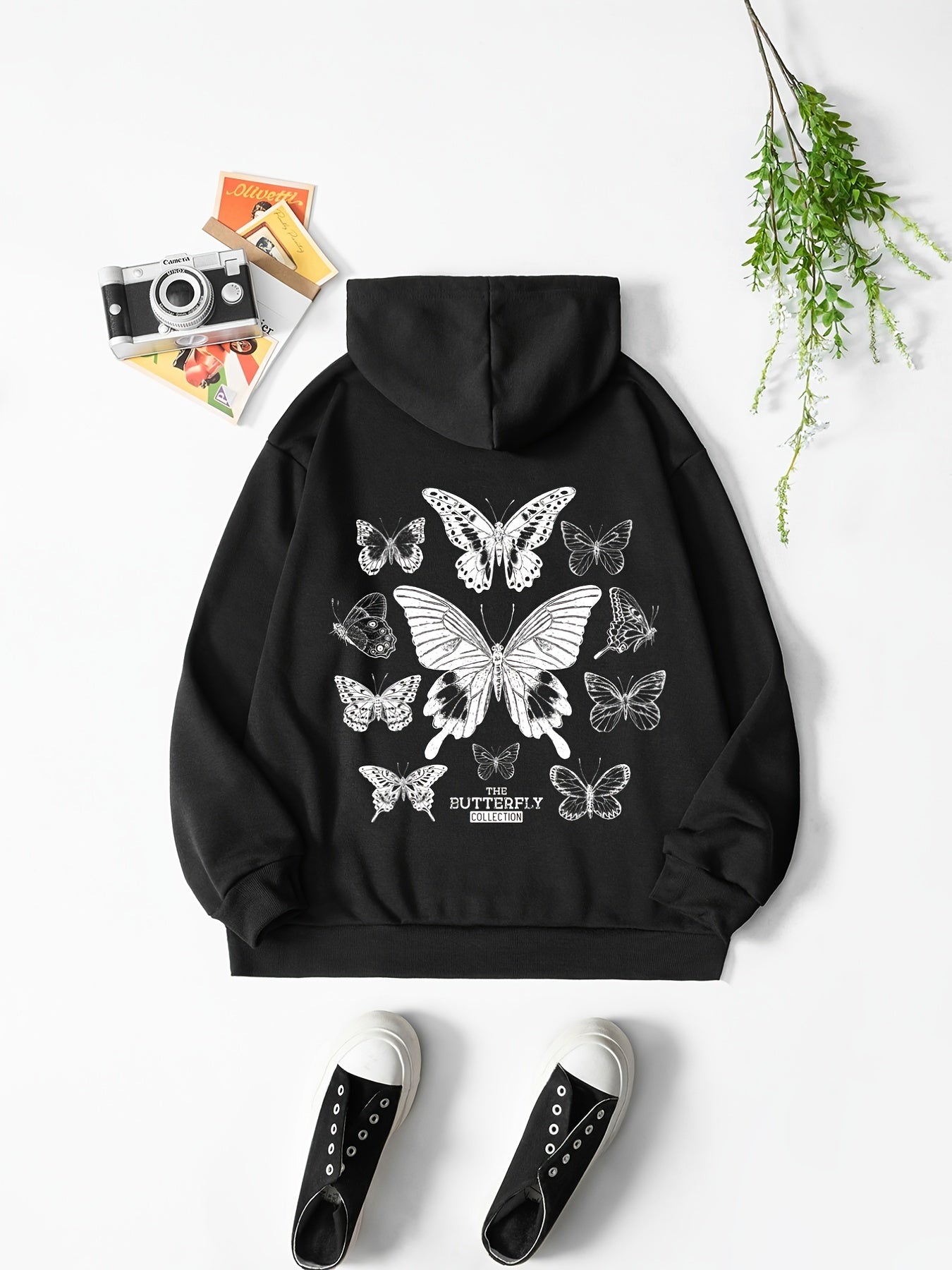 Butterfly & Letter Print Hooded Shirt Solid Drawstring Pullover