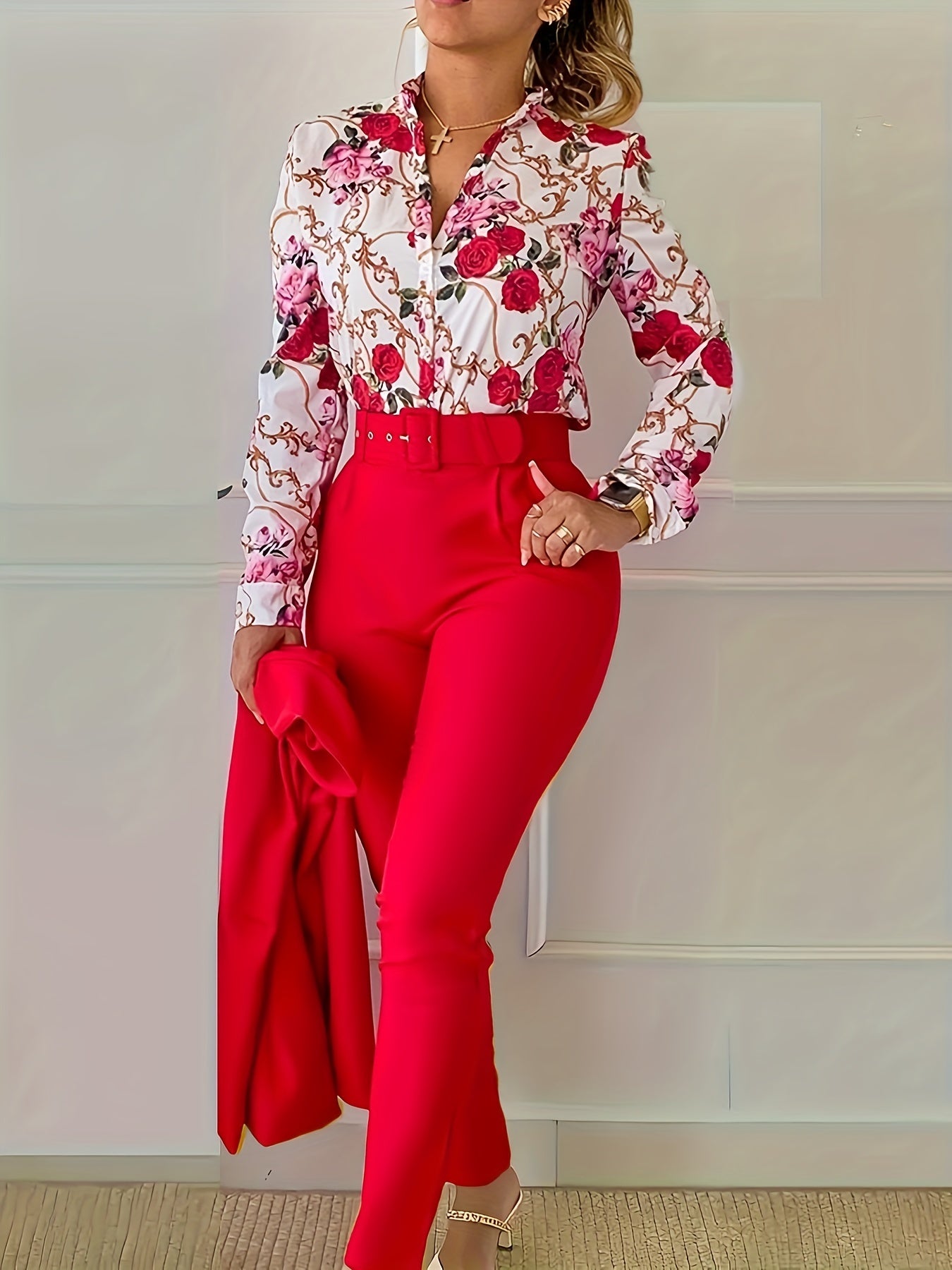 Floral Print V Neck Blouse & Tapered Pants Set