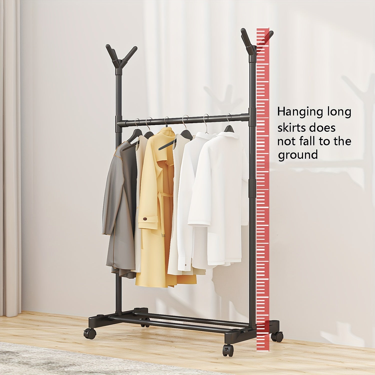 Double Pole Coat Rack With Pulley 2 Layer Clothes Rack Standing Coat Rack