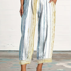 Striped High Rise Wide Leg Crop Pants With Pockets
