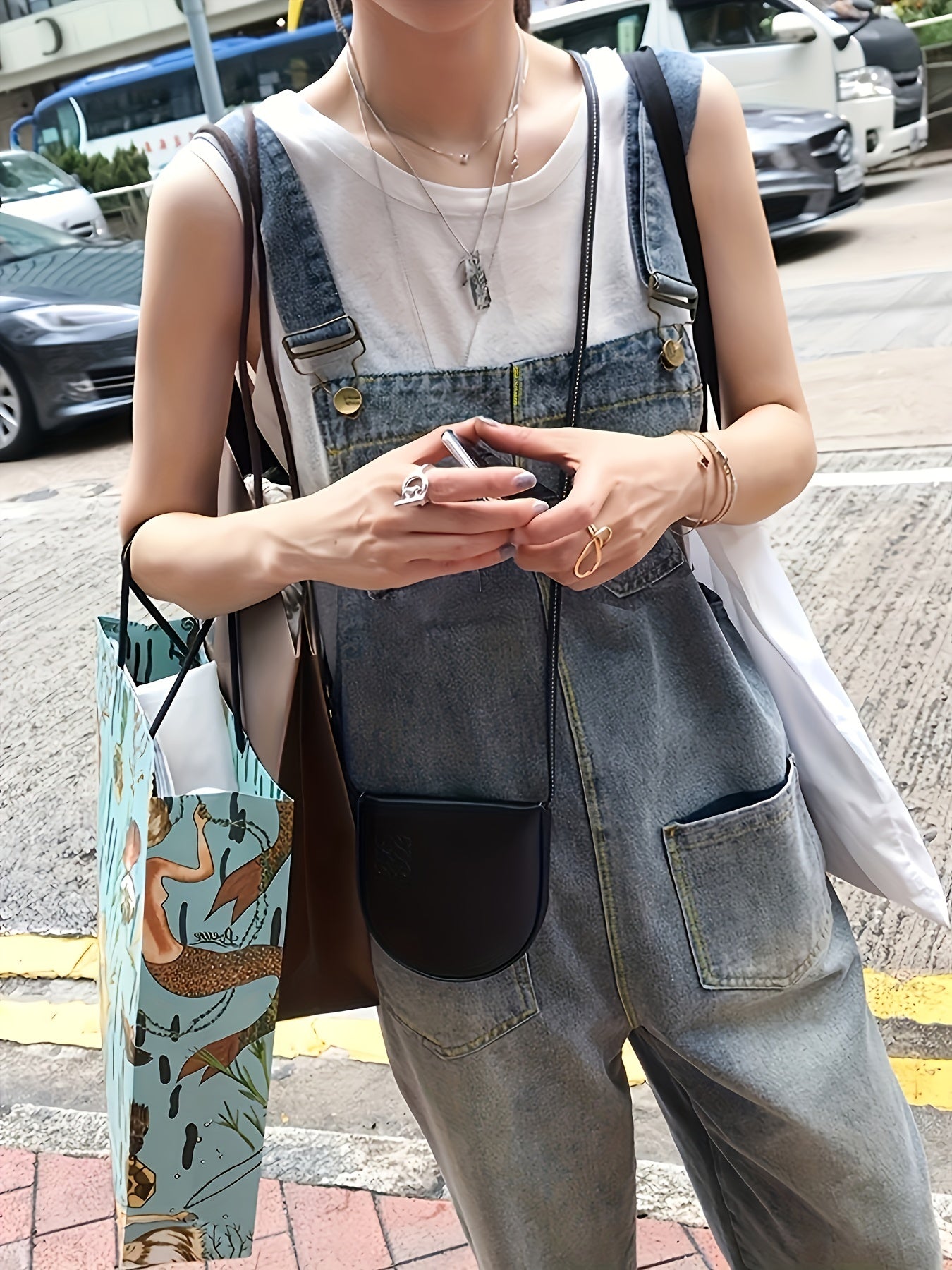 Loose Fit Denim Overalls Patch Pockets Non Stretch Adjustable Strap Versatile