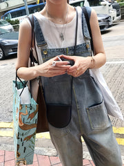 Loose Fit Denim Overalls Patch Pockets Non Stretch Adjustable Strap Versatile