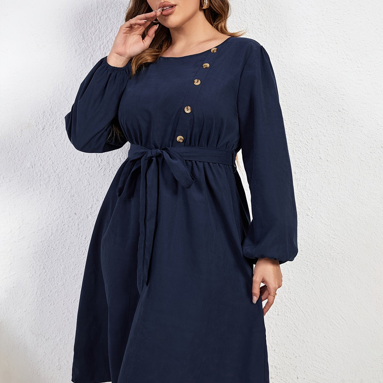 Women's Plus Size Button Decor Lantern Sleeve Round Neck Dress
