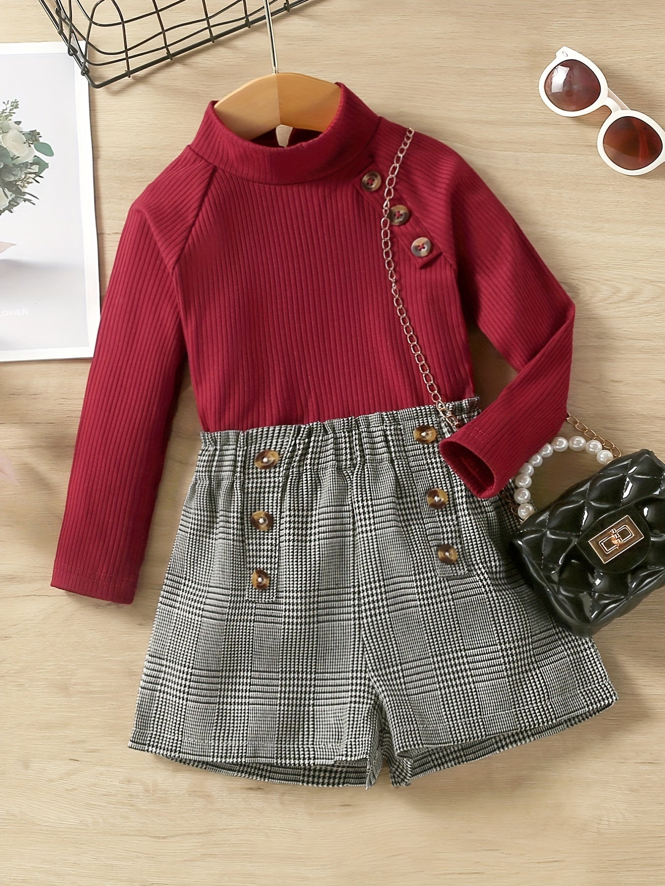 2pcs Girls Long Sleeves High Neck Top & Plaid Skirt Set