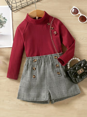 2pcs Girls Long Sleeves High Neck Top & Plaid Skirt Set
