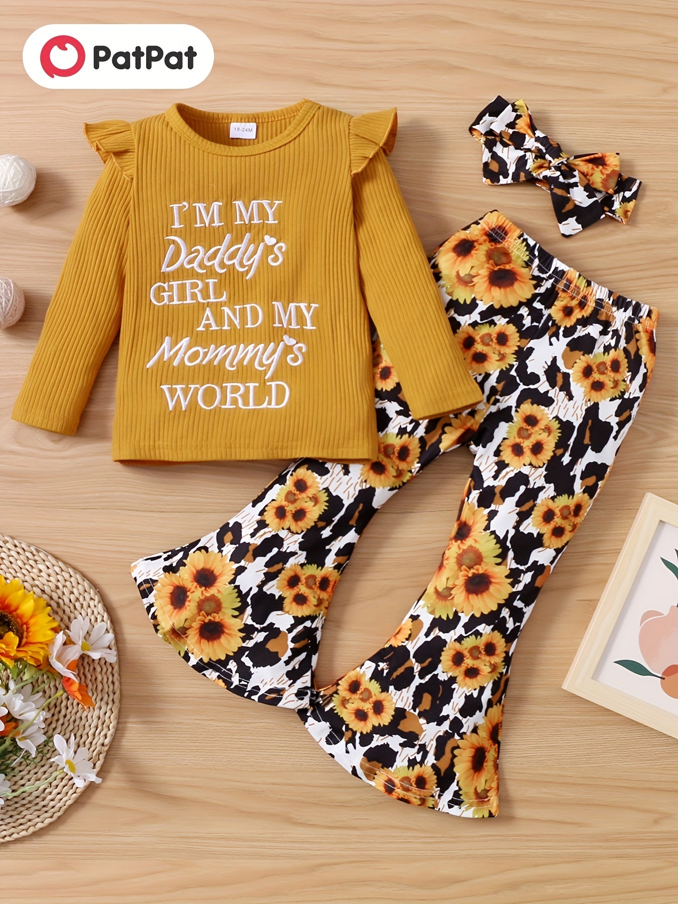Girls Ruffle Shoulder Long Sleeve Top and Floral Print Flared Pants
