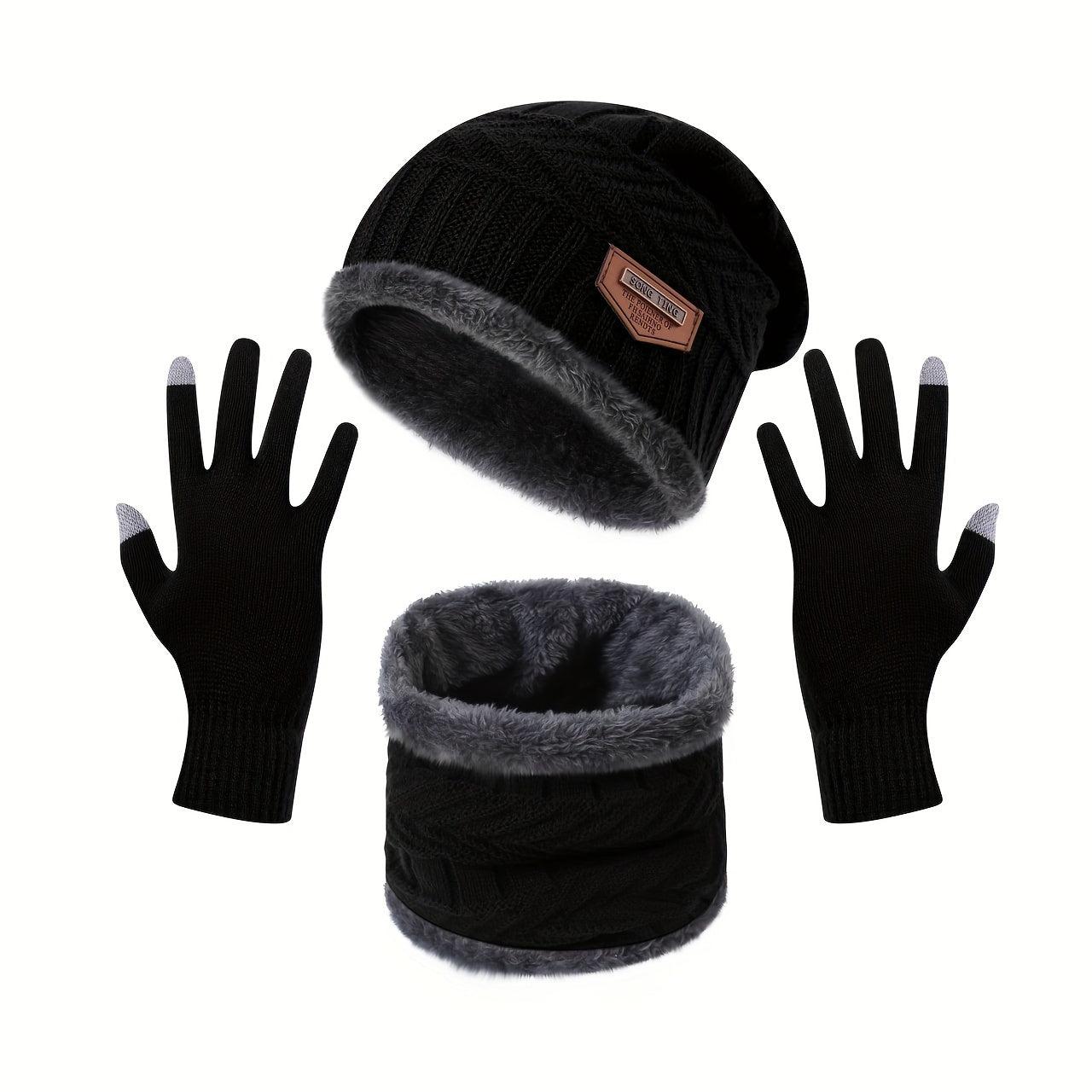 Winter Beanie Hat Scarf Gloves Set Warm Fleece Knit Touch Screen