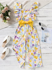 Girls Floral Print Ruffle Sleeve Rompers Comfortable Jumpsuit