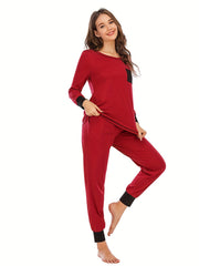 Colorblock Lounge Set Long Sleeve Crew Neck Top & Pants Women's Loungewear