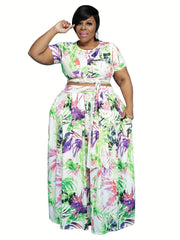 Women's Plus Grid Print Short Sleeve Crop Top & Pants 2pcs Outfits Set