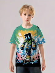 Building Block Man 3D Print Boy's Casual Tees Short Sleeve Crew Neck